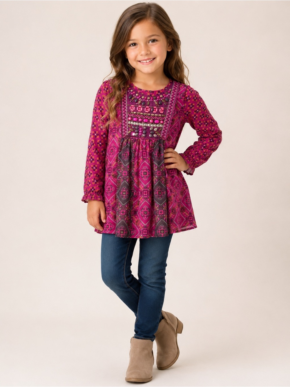 Monsoon Fuchsia Pink Embellished Boho top - Size 6